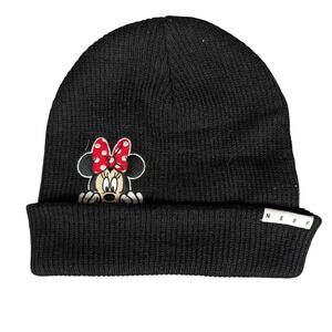 Neff Disney Minnie Mouse Black Ribbed Knit Beanie Hat Fold Over‎ Cuff Embroidery